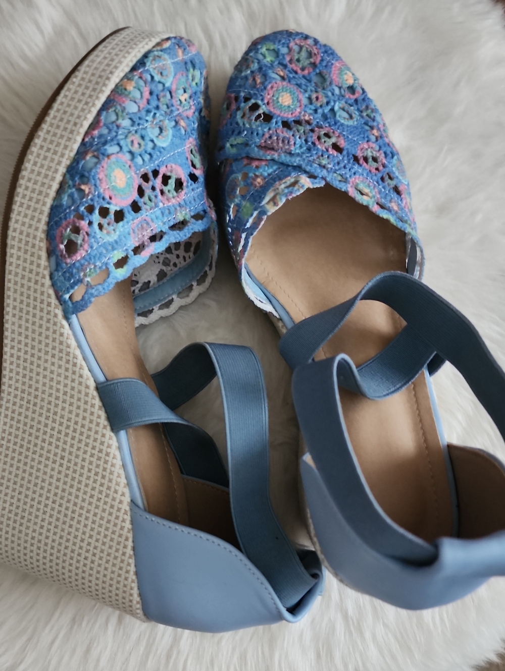 Blue Crochet Espadrille Wedges with Ankle Wrap